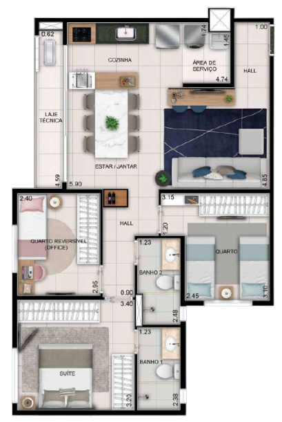 Planta 02 - 3 dorm 76m²