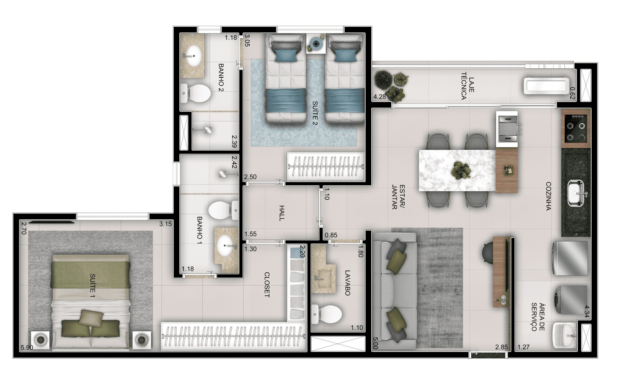 Planta 01 - 2 dorm 66m²