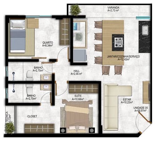Planta 01 - 2 dorm 59 97m²