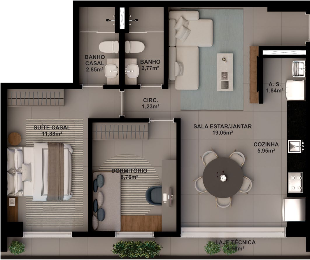 Planta 01 - 2 dorm 69m²