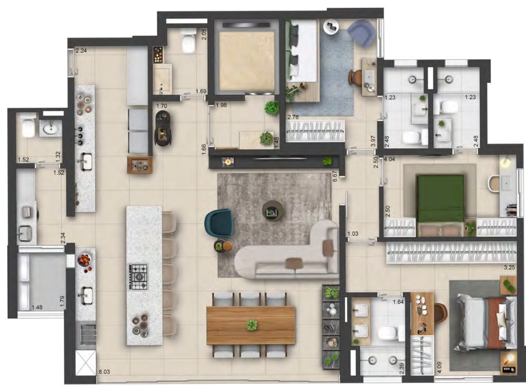 Planta 02 - 3 dorm 153m²