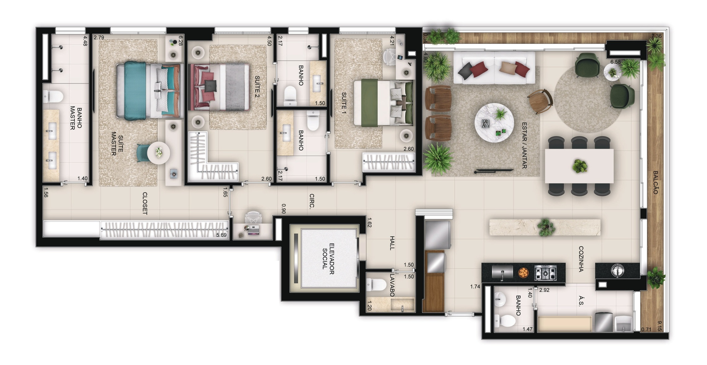 Planta 01 - 3 dorm 150m²