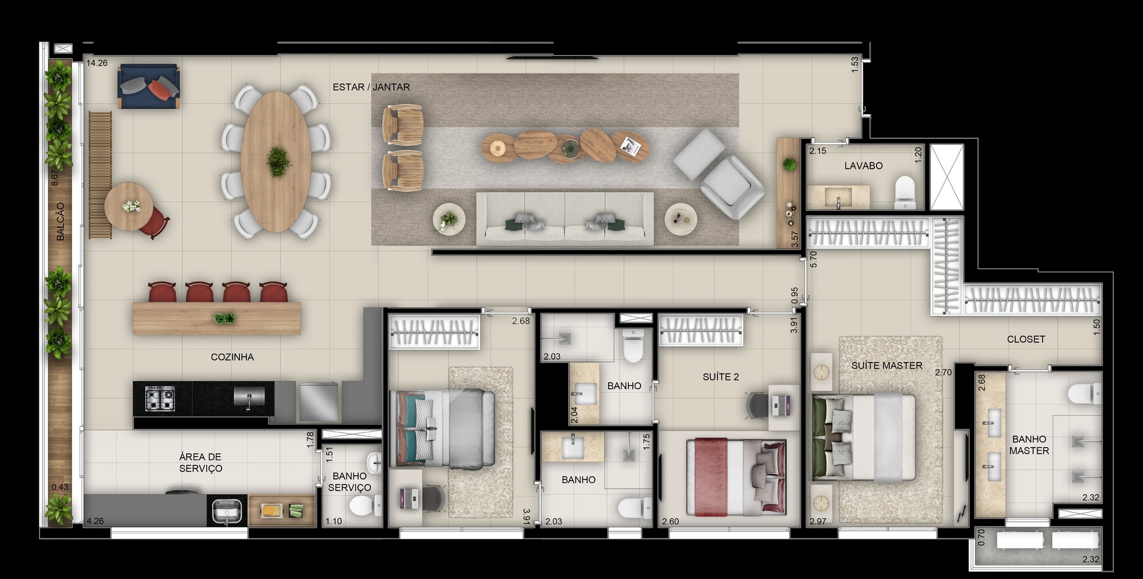 Planta 03 - 3 dorm 163m²