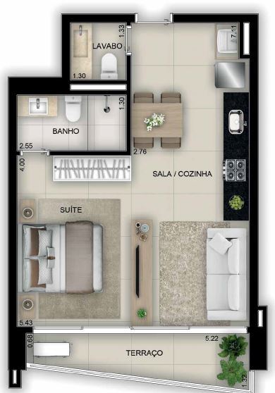 Planta 02 - 1 dorm 46 36m² - studio