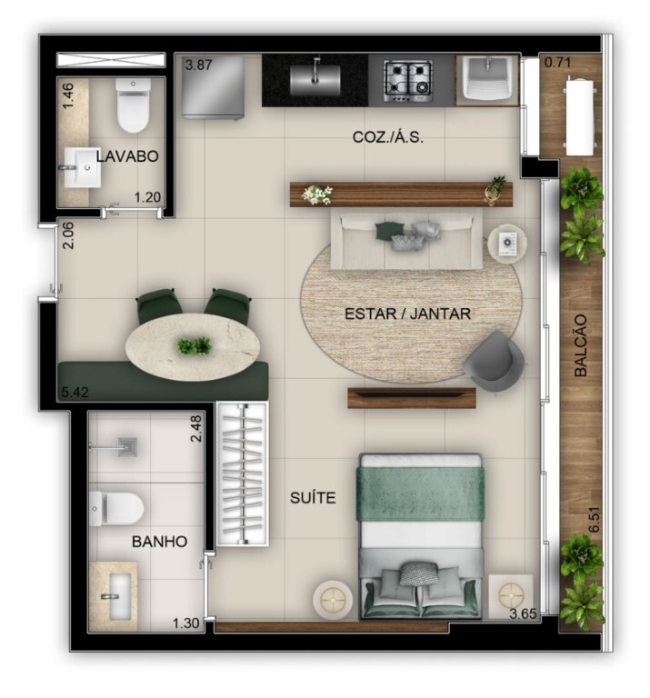Planta 01 - 1 dorm 42 52m² - studio