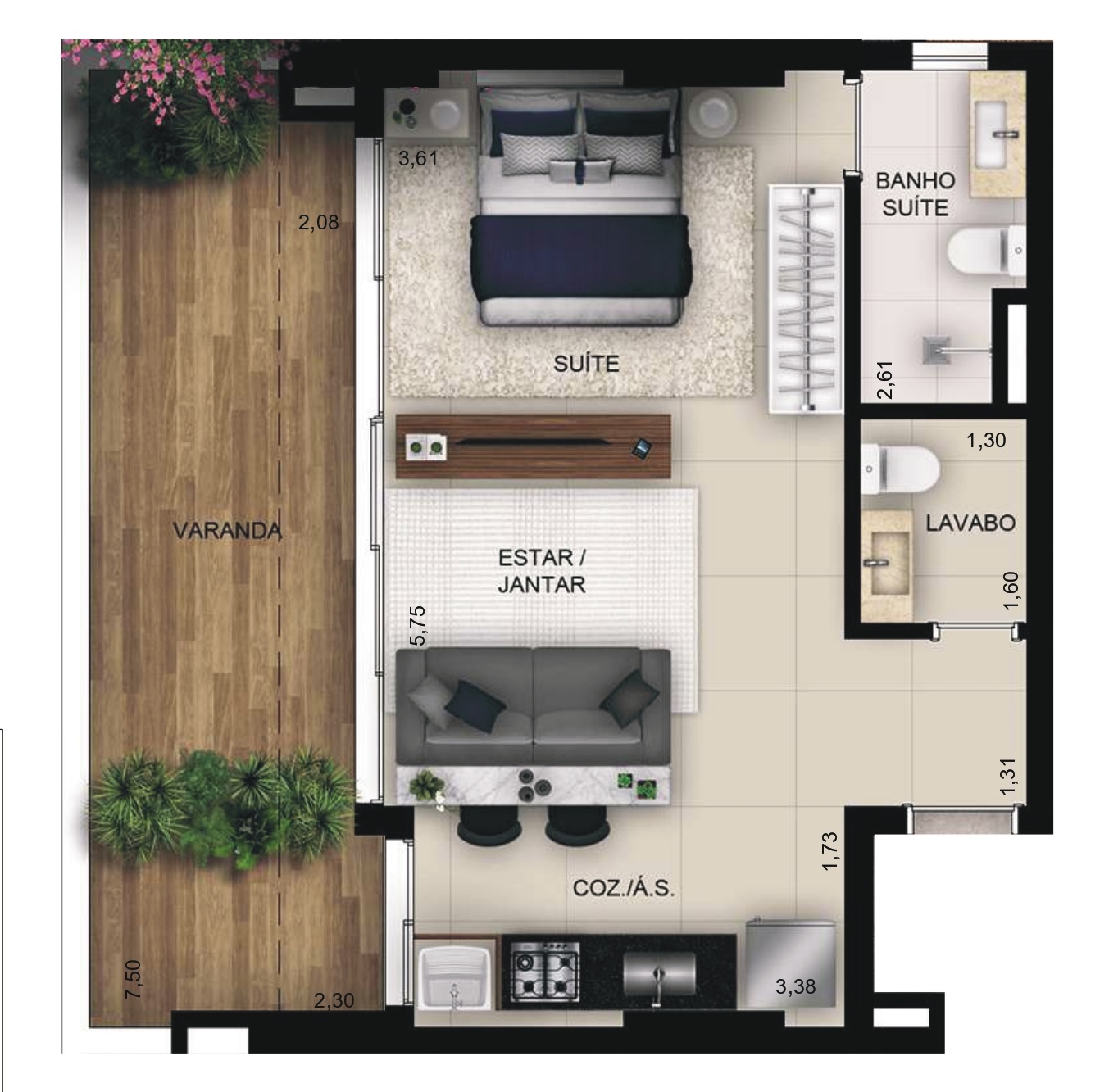 Planta 13 - 1 dorm 57,45m² - garden