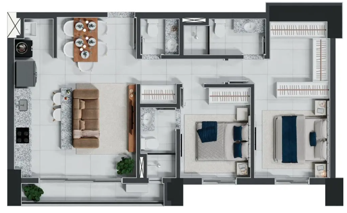 Planta 02 - 2 dorm 75m²