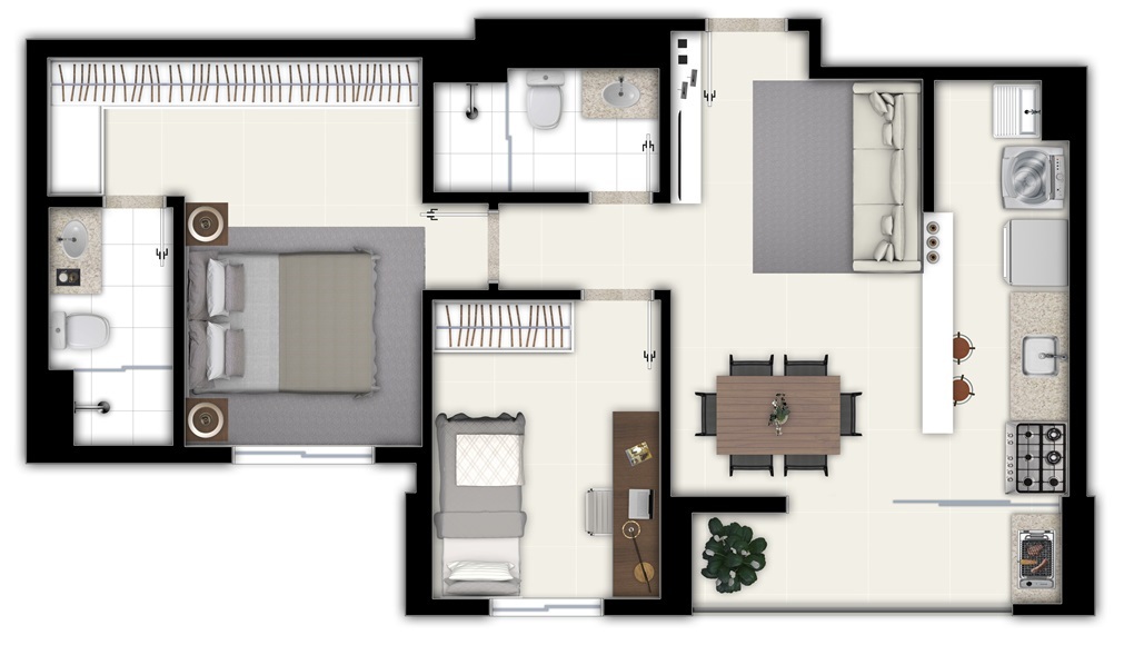 Planta 01 - 2 dorm 57 74m²