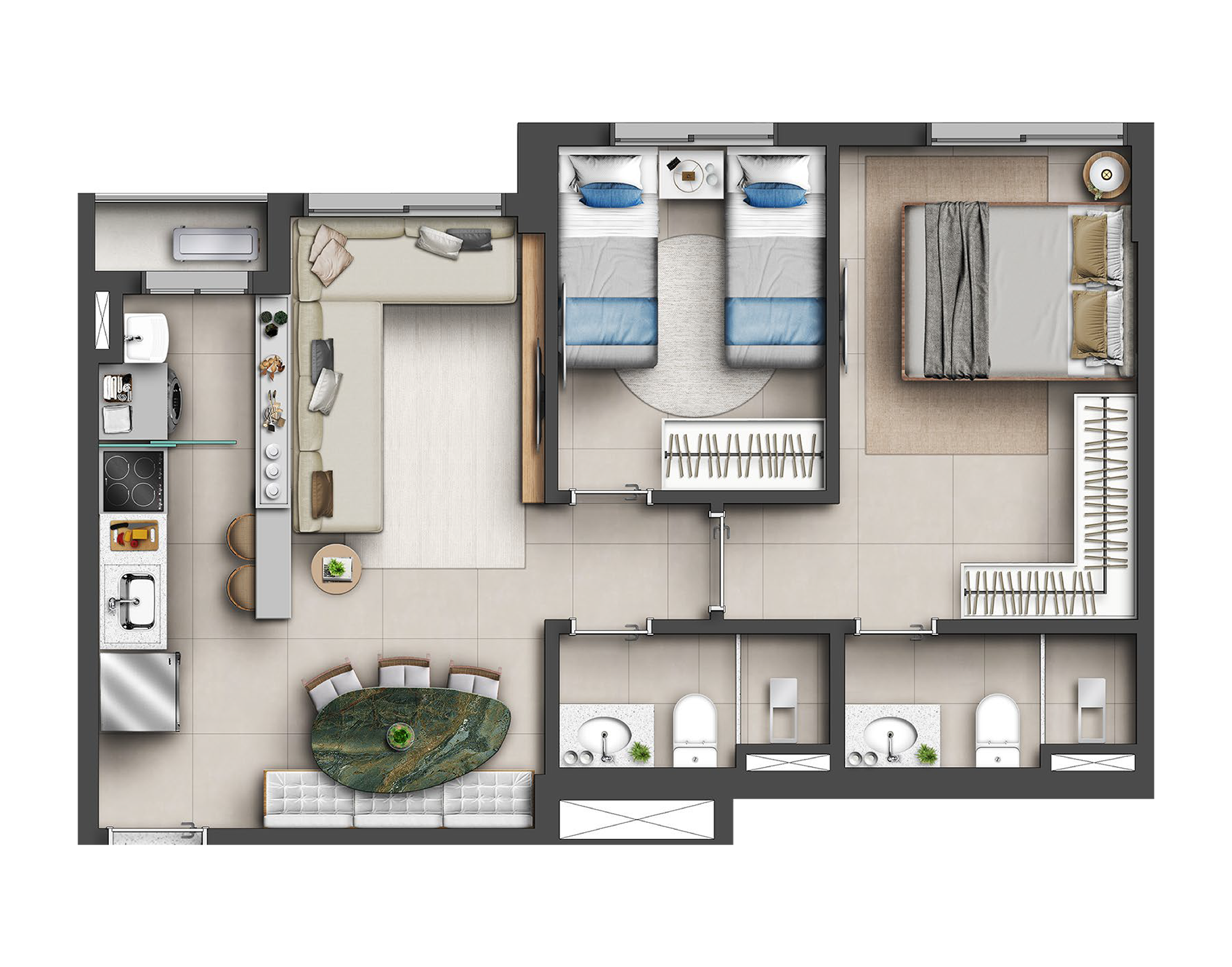 Planta 01 - 2 dorm 56m²