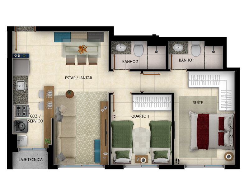 Planta 01 - 2 dorm 57m²
