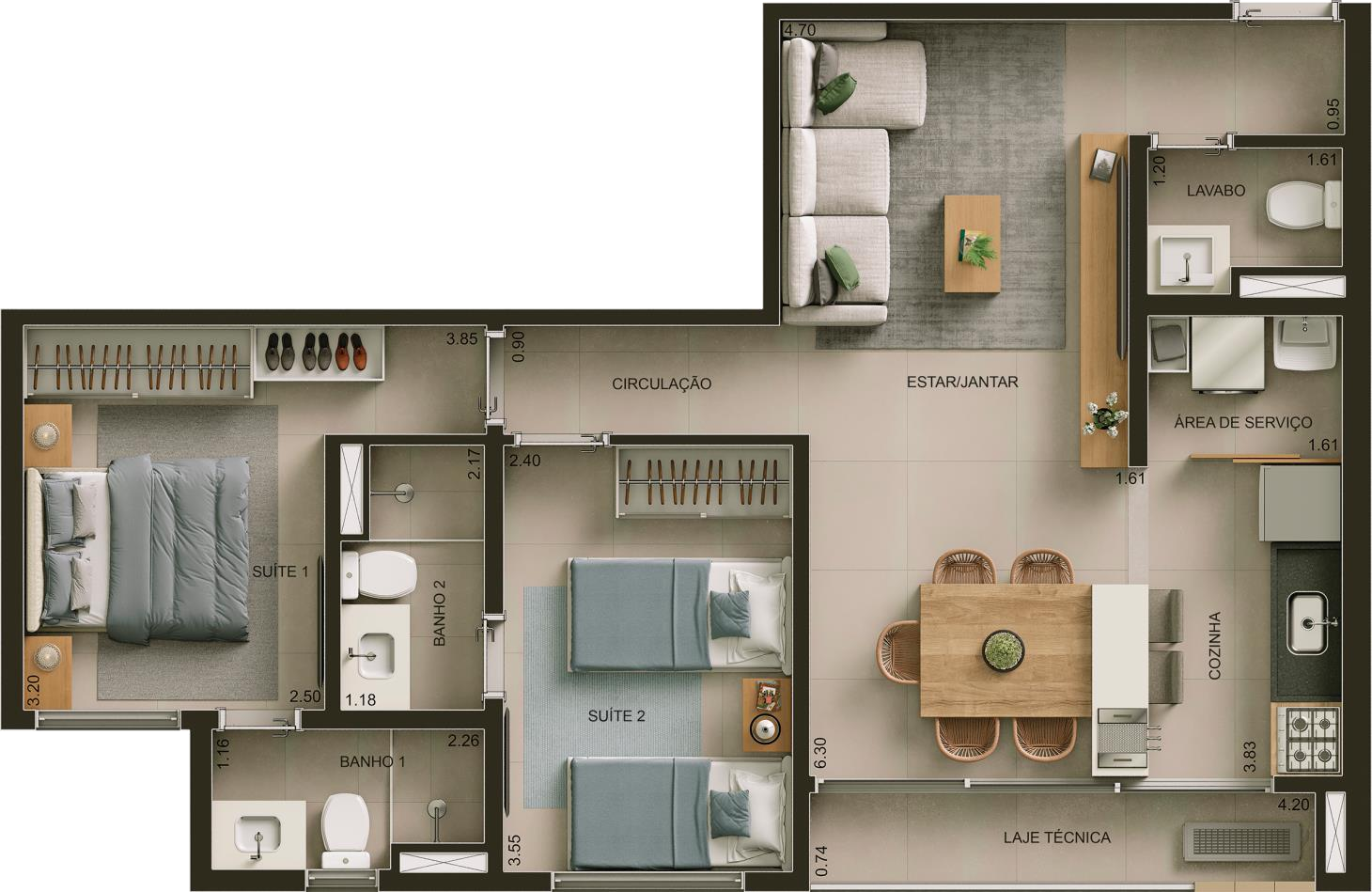 Planta 01 - 2 dorm 65m²