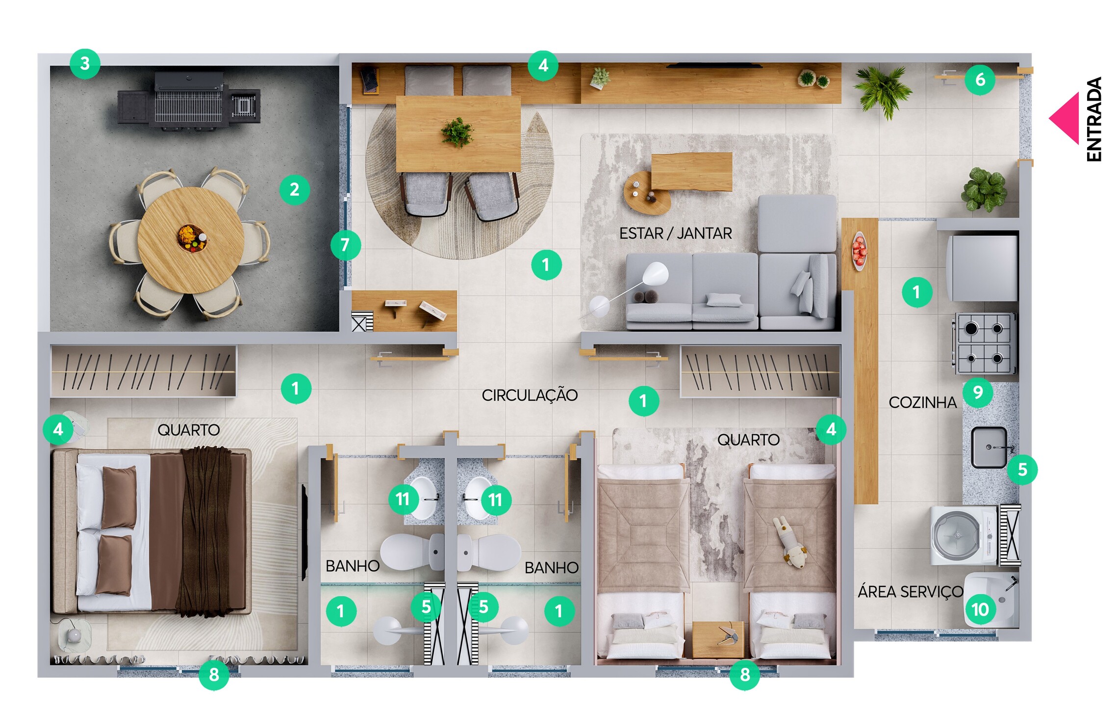 Planta 03 - 2 dorm 56,87m² - garden