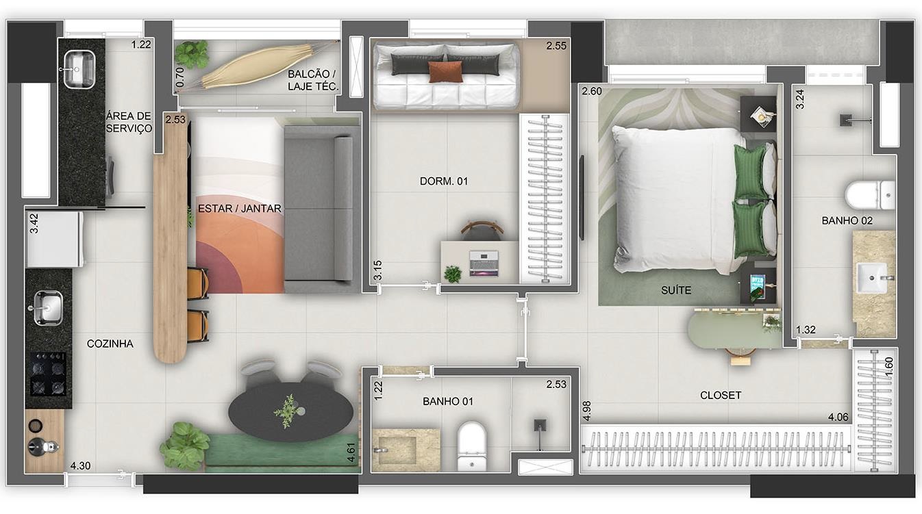 Planta 01 - 2 dorm 65 14m²
