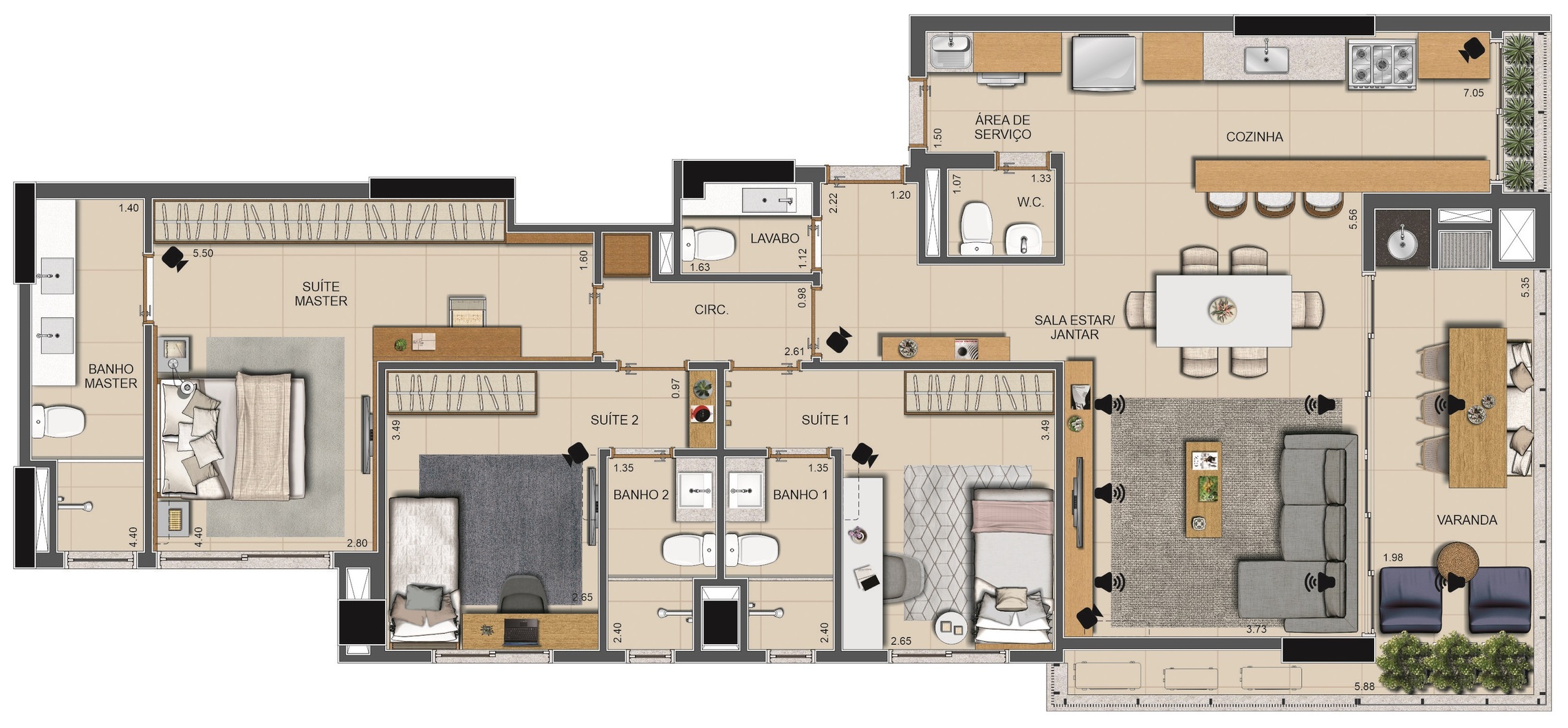 Planta 01 - 3 dorm 128m²
