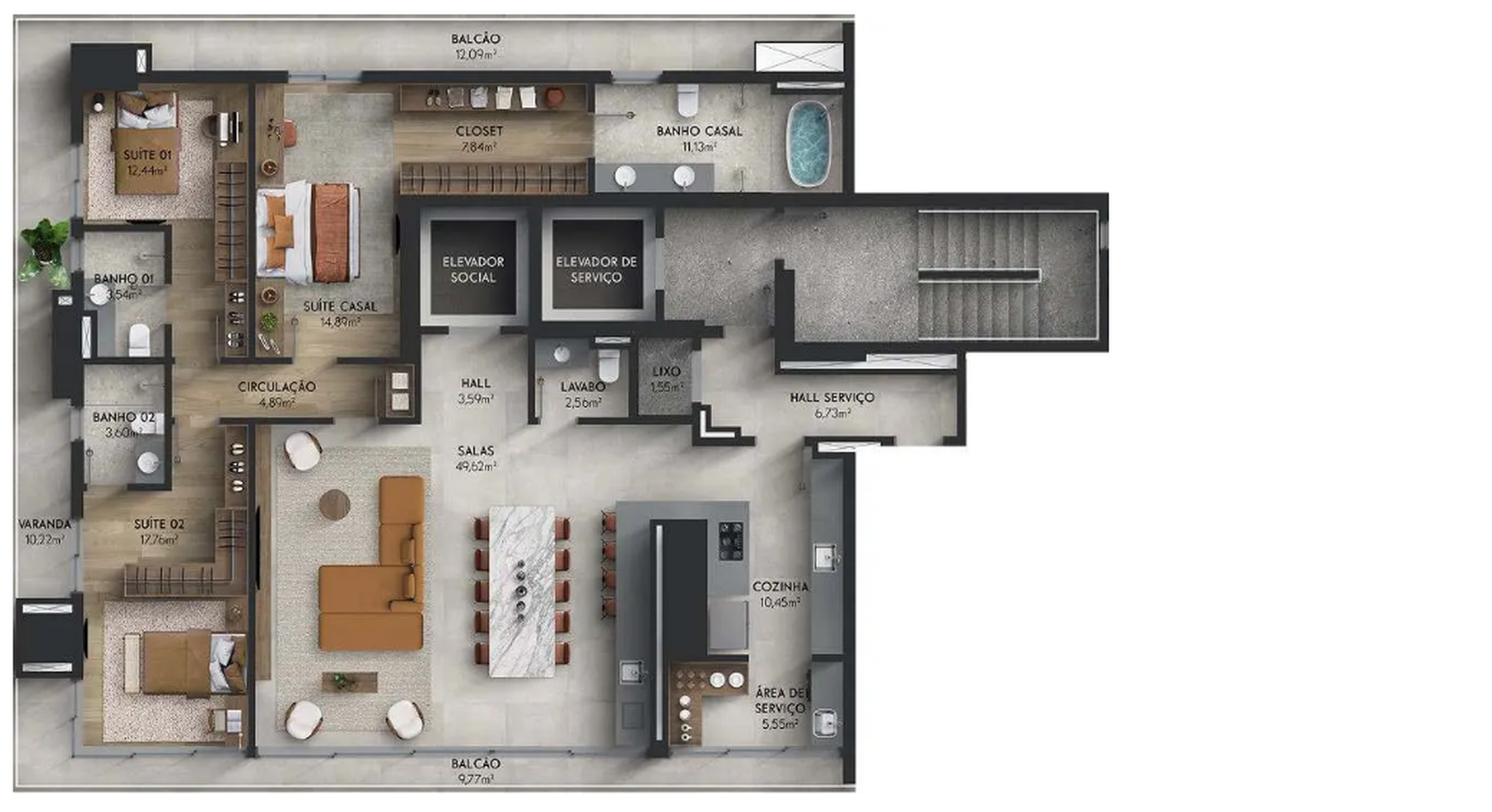 Planta 01 - 3 dorm 216m²