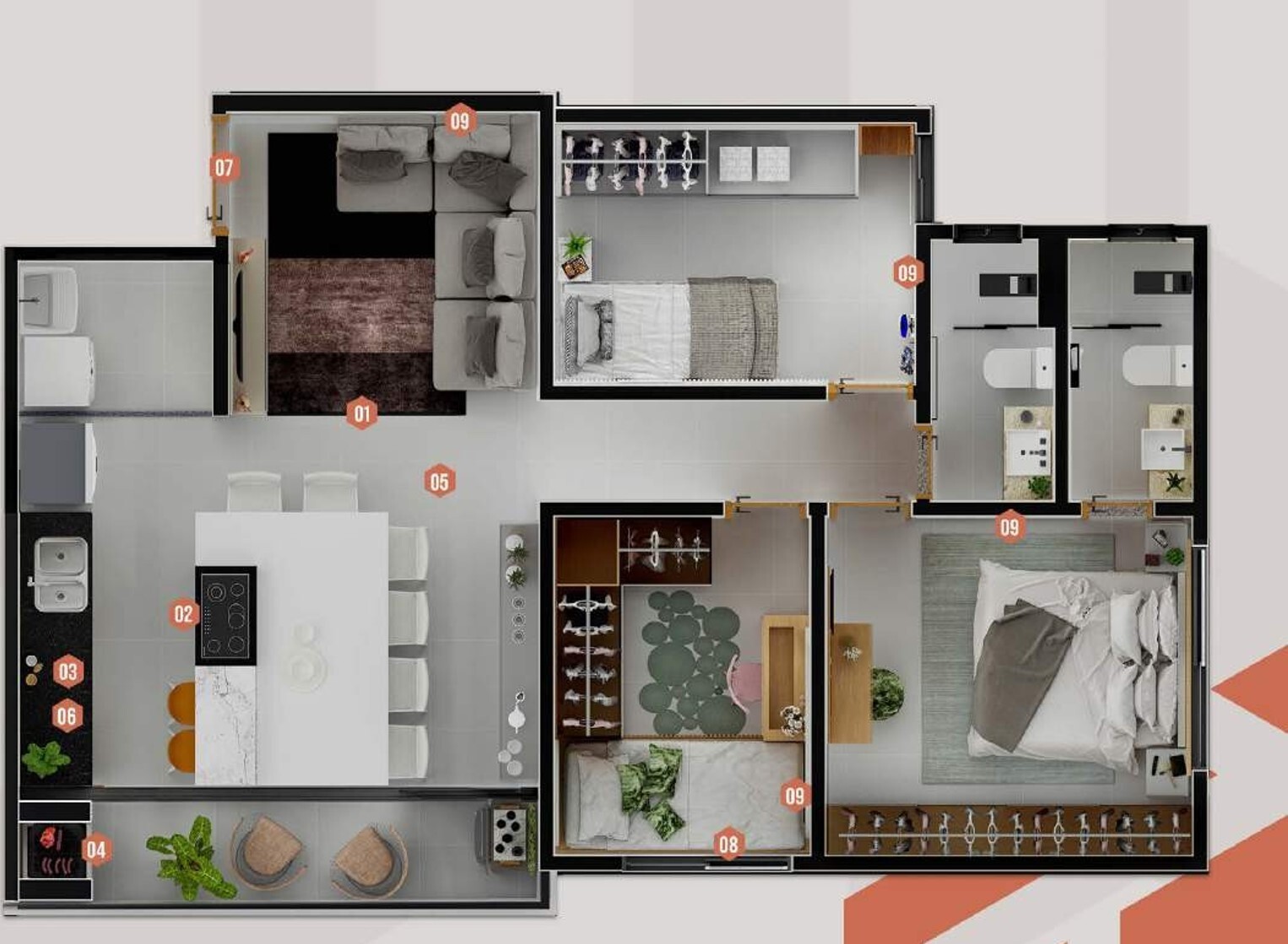 Planta 01 - 3 dorm 73m²