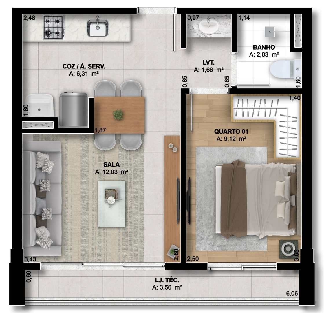 Planta 01 - 1 dorm 40,71m²