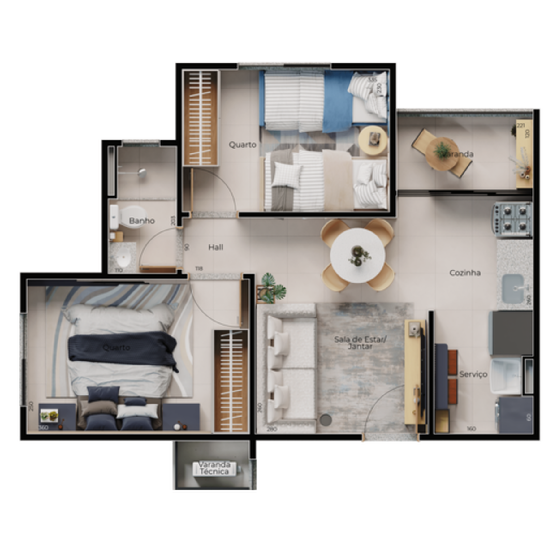Planta 01 - 2 dorm 44,76m²