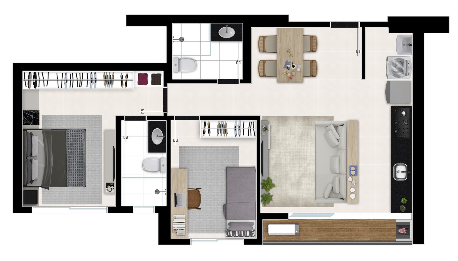Planta 01 - 2 dorm 63 06m²