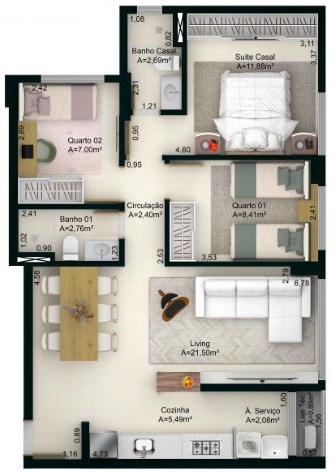 Planta 03 - 3 dorm 75 74m²