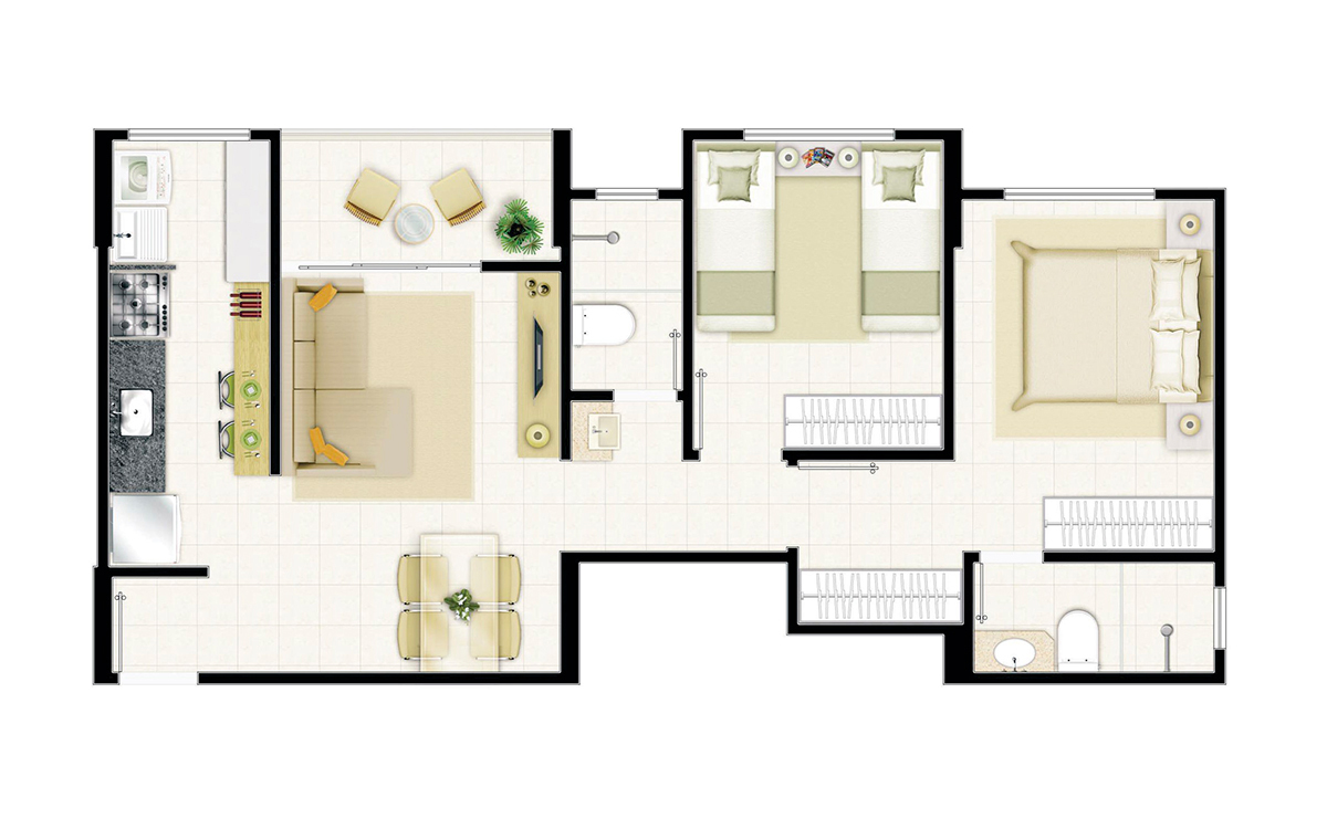 Planta 01 - 2 dorm 51 61m²