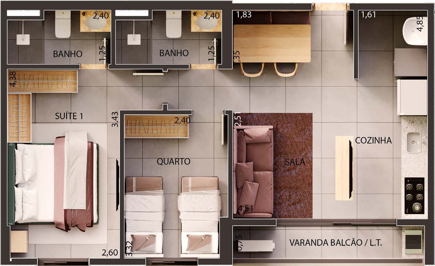 Planta 01 - 2 dorm 60m²