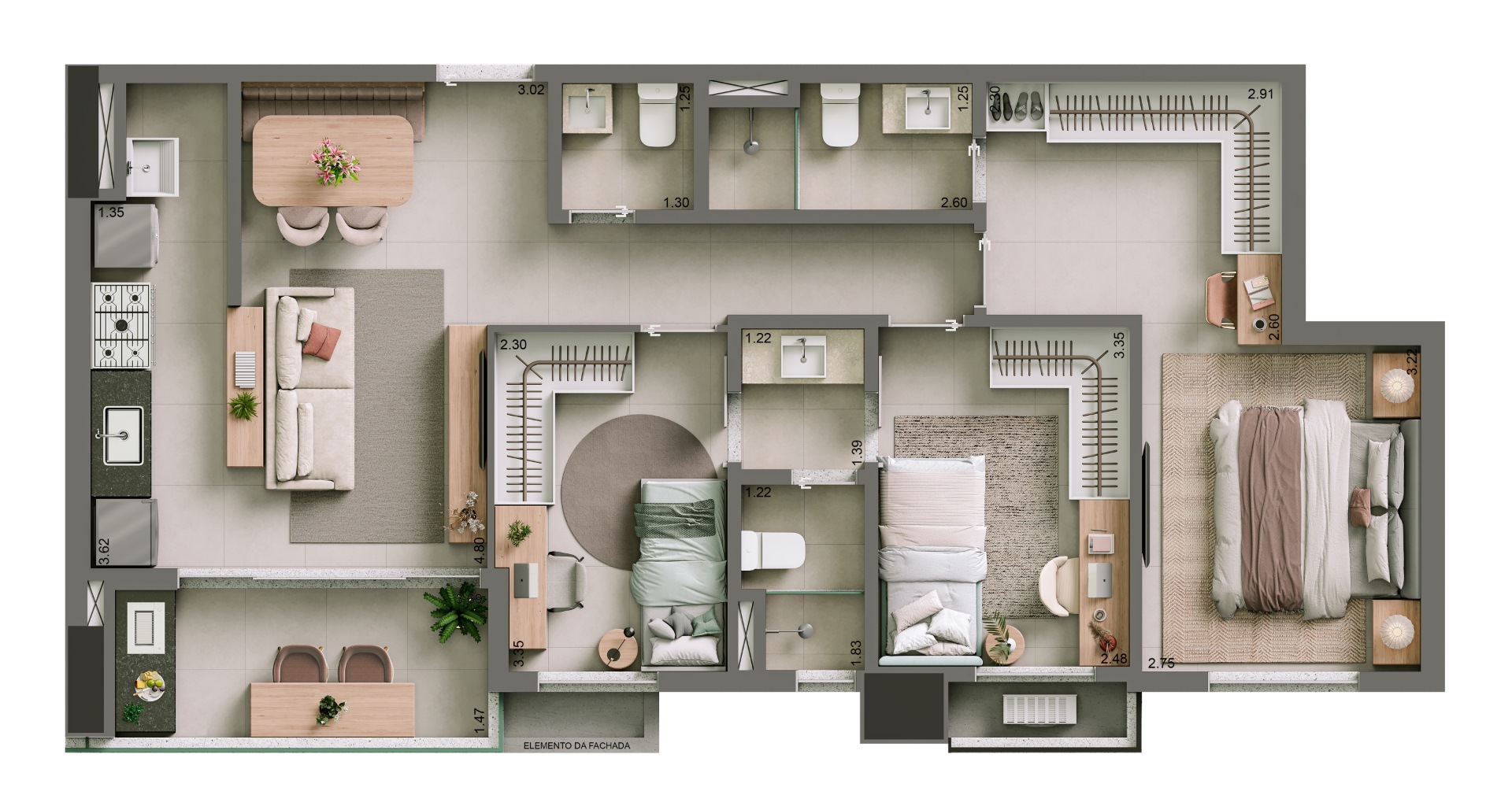 Planta 02 - 3 dorm 82m²