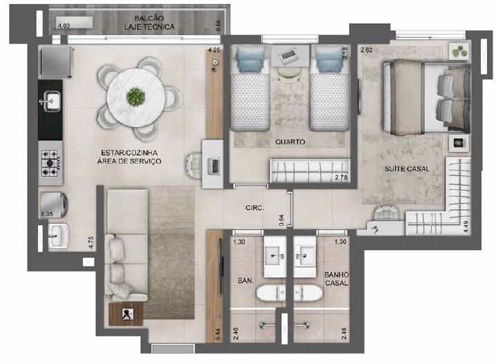 Planta 01 - 2 dorm 66 64m²